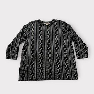 Vintage 80s black and silver abstract striped metallic pattern with 3/4 sleeves